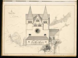 Wallfahrtskirche Monatskonkurrenz März 1899: Aufriss Seitenansicht; Maßstabsleiste