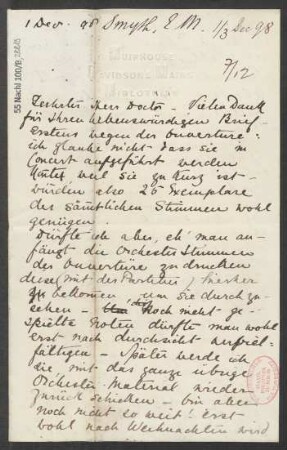 Brief an B. Schott's Söhne : 01.12.1898