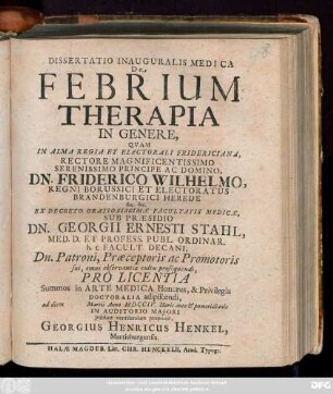 Dissertatio Inauguralis Medica De Febrium Therapia In Genere