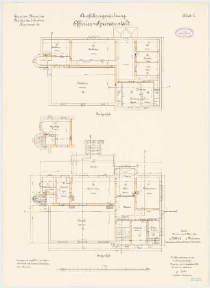 Garnison des Infanterie-Kasernements, Mannheim Offizierskasino: Grundriss Erdgeschoss, Obergeschoss 1:100