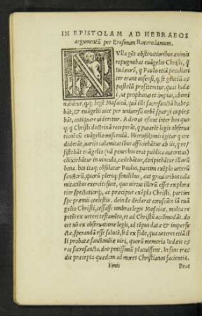 In Epistolam Ad Hebraeos argumentum per Erasmum Roterodamum.
