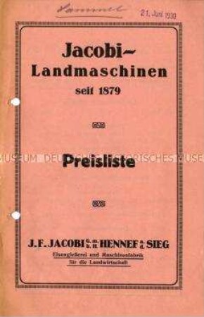Preisliste über Landmaschinen