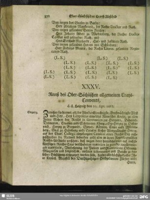 XXXV. Receß des Ober-Sächsischen allgemeinen Crays-Convents, d. d. Leipzig den 21. Apr. 1662