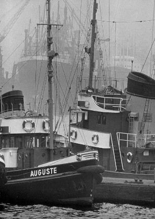 Hamburg. Im Hafen warten Schlepper auf ihre nächste Aufgabe. Im Vordergrund der Schlepper "Auguste"