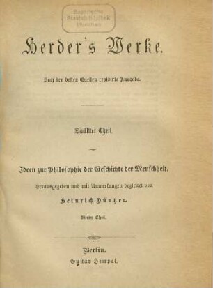 Herders Werke, 12 : Ideen zur Philosophie der Geschichte der Menschheit ; 4