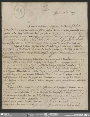 Eigenh. Brief von Guillaume Favre an August Wilhelm von Schlegel, Genf, 15.12.1817