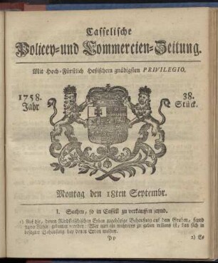 38. Stueck, Montag den 18ten Septembr. 1758