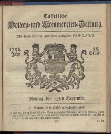 38. Stueck, Montag den 18ten Septembr. 1758