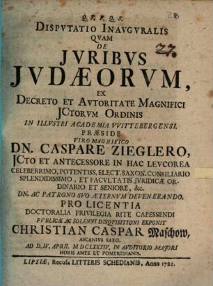 Disputatio inauguralis de iuribus Iudaeorum