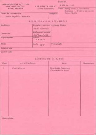 Entry to the Asian Music / Rostrum - Central Javanese / Dance Music