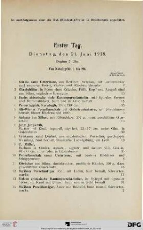 Erster Tag. Dienstag, den 21. Juni 1938. Beginn 3 Uhr (Nr. 1-296)