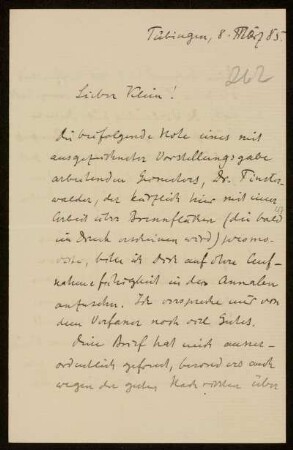 Nr. 262 Brief von Alexander von Brill an Felix Klein. Tübingen, 8.3.1885