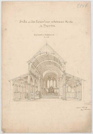 Thiersch, August ; Traunstein (Bayern); Ev. Kirche - Innenraum (Perspektive m. Querschnitt)