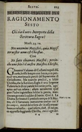 Ragionamento Sesto. Chi sia il uero Interprete della Scrittura Sagra?