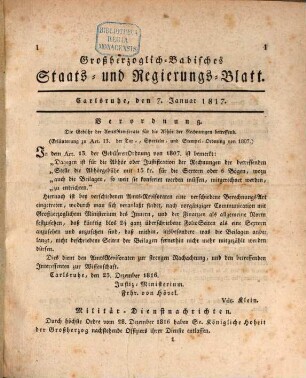 Großherzoglich Badisches Staats- und Regierungsblatt. 1817