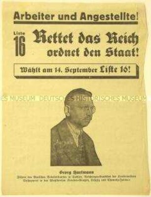 Programmatischer Wahlaufruf der Konservativen Volkspartei zur Unterstützung von Georg Hartmann anlässlich der Reichstagswahl September 1930