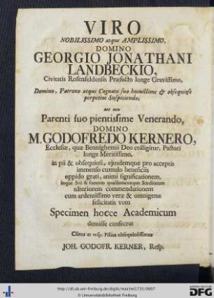 Viro Nobilissimo atque Amplissimo Domino Georgio Jonathani Landbeckio ...