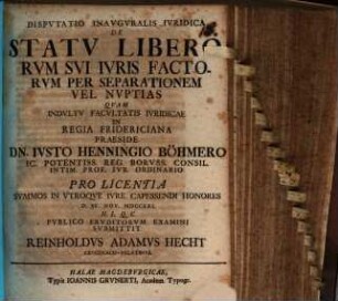 Dispvtatio Inavgvralis Ivridica De Statv Liberorvm Svi Ivris Factorvm Per Separationem Vel Nvptias