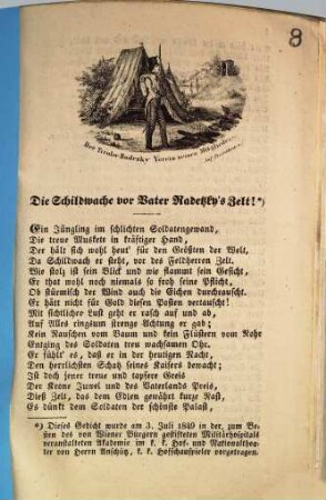 Die Schildwache vor Vater Radetzky's Zelt ! : Dieses Gedicht wurde am 3. Juli 1849 ... von Herrn Anschütz, k.k. Hofschauspieler vorgetragen