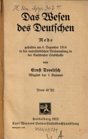 Das Wesen des Deutschen : Rede gehalten am 6. Dezember 1914 in der vaterländischen Versammlung in der Karlsruher Stadthalle