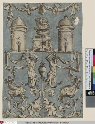 [Ornamentpaneel mit einer von Satyrn gestützten Feuerstelle zwischen zwei Rundtempeln, sowie Hähnen und Maskarons]
