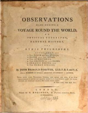 Observations made during a voyage round the world, on physical geography, natural history, and ethic philosophy ...