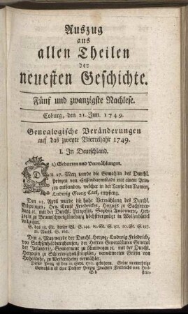 Fünf und zwanzigste Nachlese. Coburg, den 21. Jun. 1749.