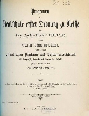 Programm der Realschule Erster Ordnung zu Neisse : für das Schuljahr .... 1881/82