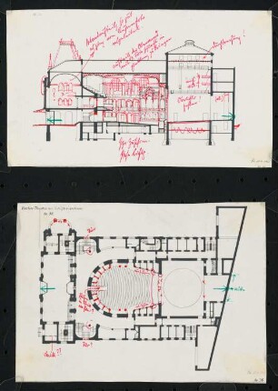 Theater am Schiffbauerdamm (auch: Neues Theater, Berliner Ensemble), Berlin: Grundriss und Längsschnitt, zwei Seiten