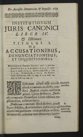 Institutionum Juris Canonici. Liber IV. & Ultimus.