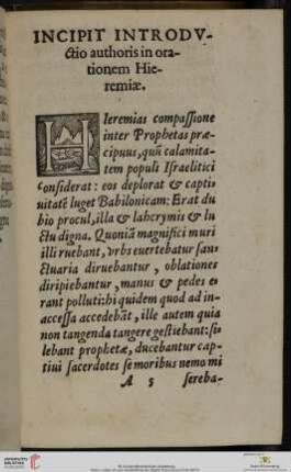 Incipit introdvctio authoris in orationem Hieremiæ