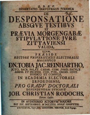 Diss. inaug. ... de desponsatione absque testibus et praevia morgengabae stipulatione iure Zittaviensi valida