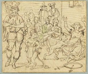 Jongleur, Affe und Meerkatze, Nachzeichnung einer Illustration in De warachtighe Fabulen der Dieren. Brügge 1567, S. 62