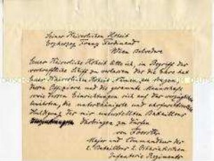 Text eines Telegramms an den Erzherzog Franz Ferdinand mit Abschiedsgruß des Kommandeurs des 2. Bataillons des Ostasiatischen Regiments Sigismund von Förster