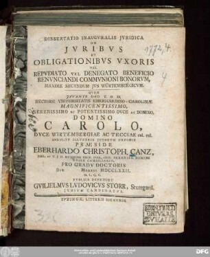 Dissertatio Inavgvralis Jvridica De Jvribvs Et Obligationibvs Vxoris Vel Repvdatio Vel Denegato Beneficio Renvnciandi Commvnioni Bonorvm, Maxime Secvndvm Jvs Würtembergicvm