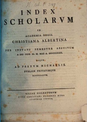 Index scholarum in Academia Regia Christiana Albertina, SS 1829