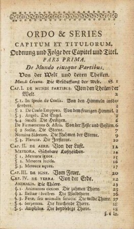 Ordo & Series Capitum Et Titulorum. Ordnung und Folge der Capitel und Titel.