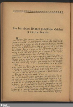 Von den kleinen Ursachen geschäftlichen Erfolges in unserem Gewerbe