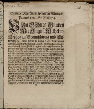 Fürstliche Verordnung wegen des Stempel-Papiers vom 18ten Maji 1714.