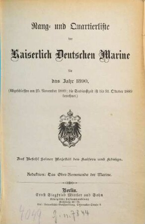 Rang- und Quartierliste der Kaiserlich-Deutschen Marine. 1890