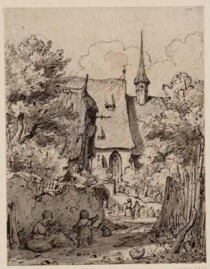 Blick durch eine Dorfstraße auf den Kirchplatz