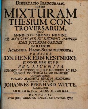 Diss. inaug. sistens mixturam thesium controversarum