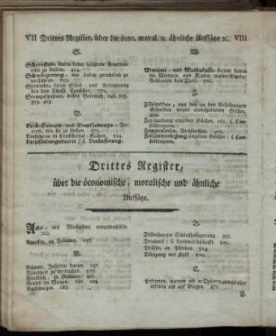 Drittes Register, über die öconomische, moralische und ähnliche Aufsätze.