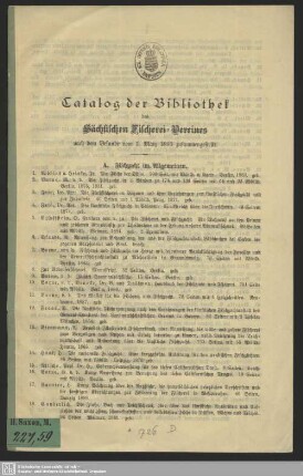 Catalog der Bibliothek des Sächsischen Fischerei-Vereines : nach dem Befunde 1895 zusammengestellt