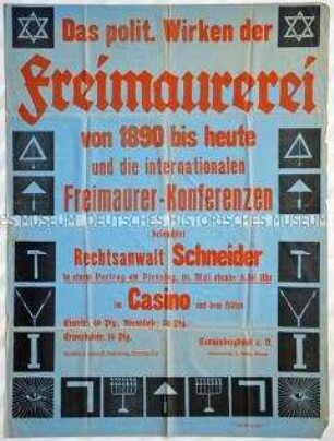 Veranstaltungsplakat des Tannenbergbundes e. V., Gau Bremen, zu einem Vortrag über den Einfluss der Freimaurer in der Politik