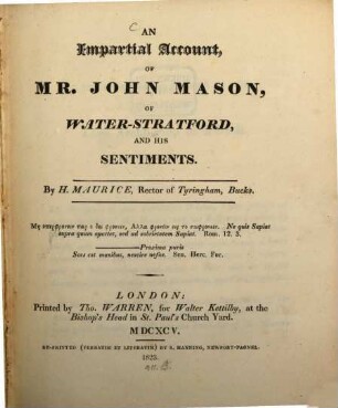 An impartial account of Mr. John Mason of Water Stratford and his sentiments