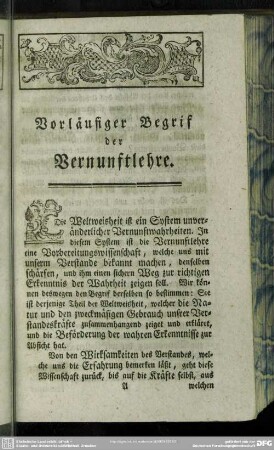 Vorläufiger Begrif der Vernunftlehre