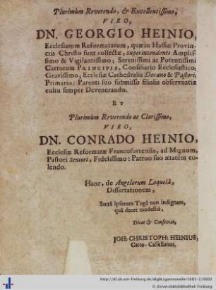 Plurimùm Reverendo, et Excellentissimo Viro Dn. Georgio Heino …