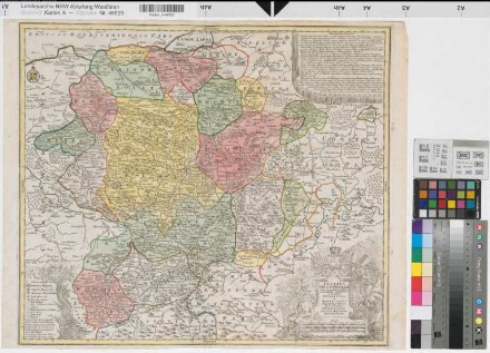 Westfalen, Herzogtum Ducatus Westphalia nova mappa geographica .. et secumdum dynastias et praefecturas .. distincta... Territorialkarte 1. H. 18. Jh. 3 dt. Meilen = 9,8 cm 50 x 58 farb. Stich Matthaeus Seutter, Augsburg Kartusche mit Wappen von Engern, Arnsberg und Westfalen B 330 bzw. Ba I,9