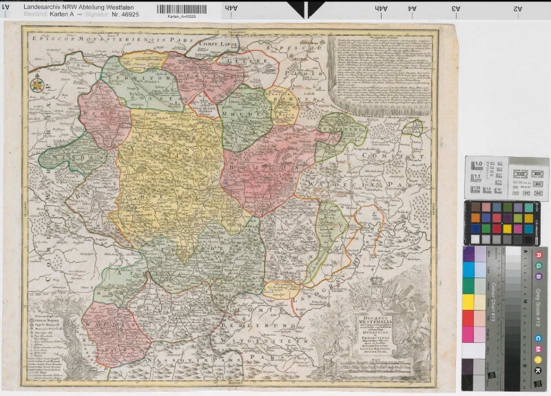 Westfalen, Herzogtum Ducatus Westphalia nova mappa geographica .. et secumdum dynastias et praefecturas .. distincta... Territorialkarte 1. H. 18. Jh. 3 dt. Meilen = 9,8 cm 50 x 58 farb. Stich Matthaeus Seutter, Augsburg Kartusche mit Wappen von Engern, Arnsberg und Westfalen B 330 bzw. Ba I,9